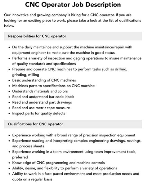 duties and responsibilities of cnc machine operator|cnc setter job description.